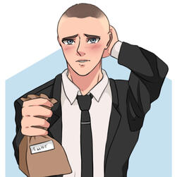 A profile picture of a white man with a brown high-and-tight haircut, holding a brown paper bag, rubbing his head and looking embarrassed.